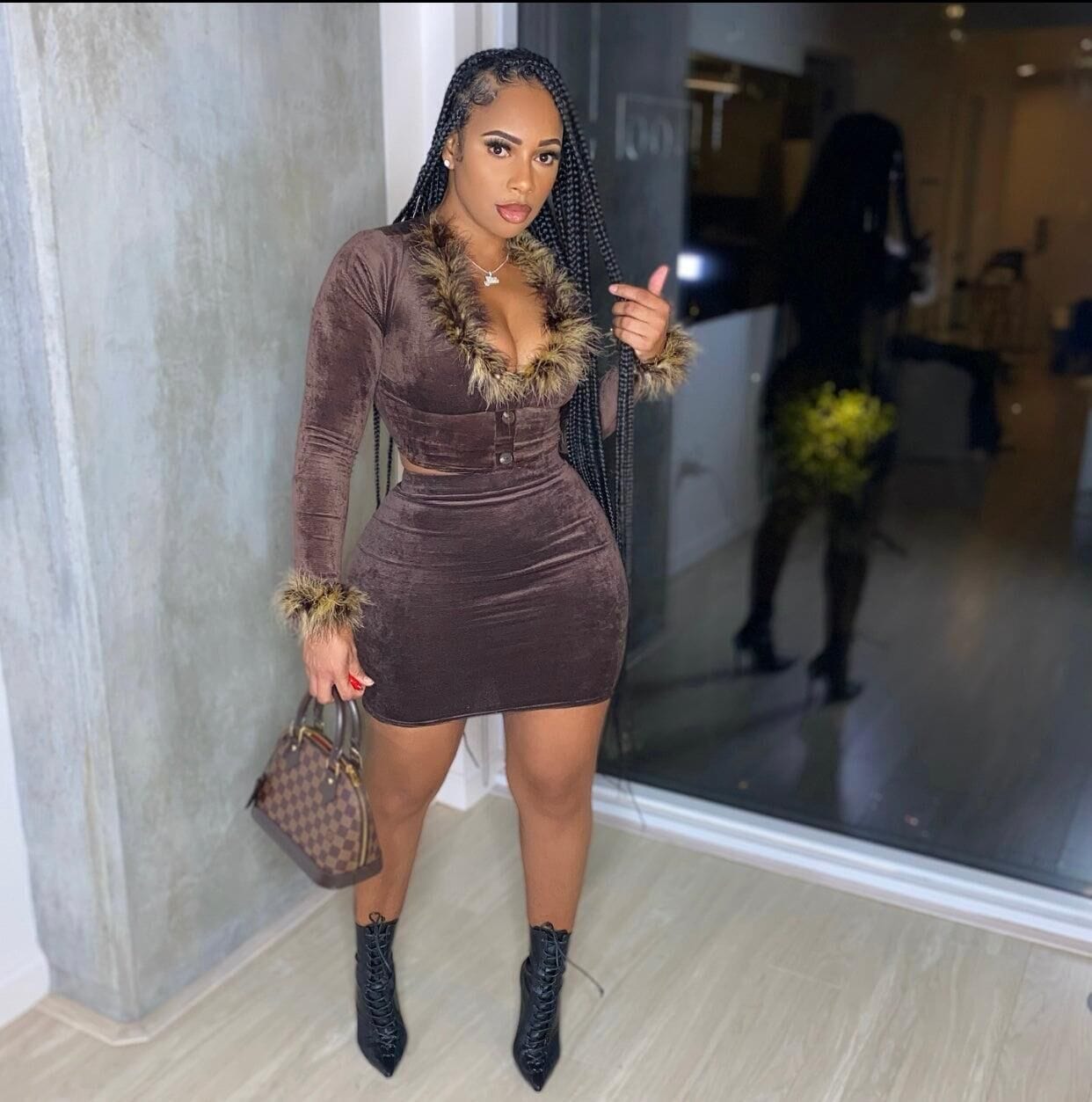 M8915 Winter Vintage Velvet Women Faux Collar Long Sleeve Tops And Bodycon Mini Skirt Suit Sexy Party Two 2 Piece Set