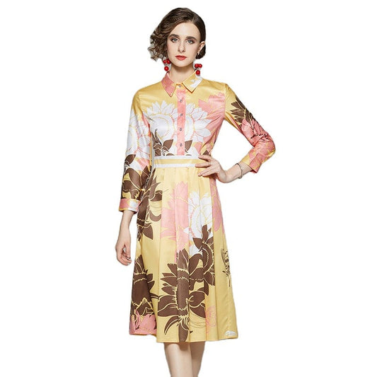 MAB556073 European and American fashion all-match waist and thin positioning printing dress