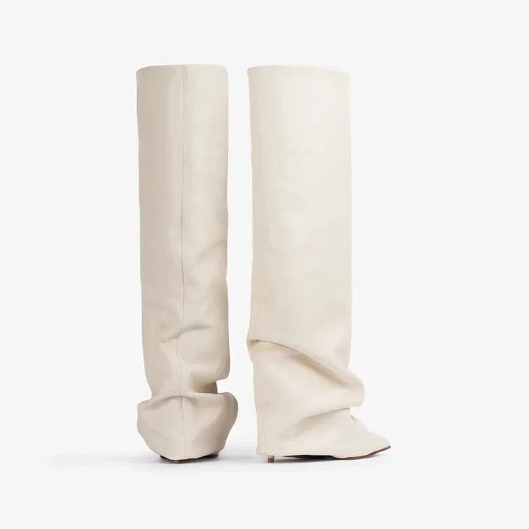 Manufacturer Custom Patent Leather Knee Length Designer Fall Wedge Black White Boots Heels Women Shoes 2023
