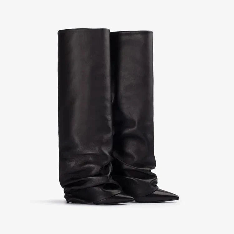 Manufacturer Custom Patent Leather Knee Length Designer Fall Wedge Black White Boots Heels Women Shoes 2023