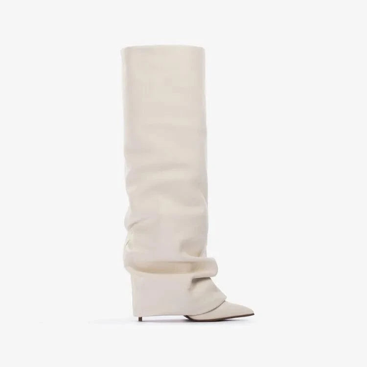 Manufacturer Custom Patent Leather Knee Length Designer Fall Wedge Black White Boots Heels Women Shoes 2023