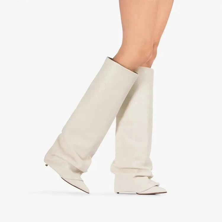 Manufacturer Custom Patent Leather Knee Length Designer Fall Wedge Black White Boots Heels Women Shoes 2023