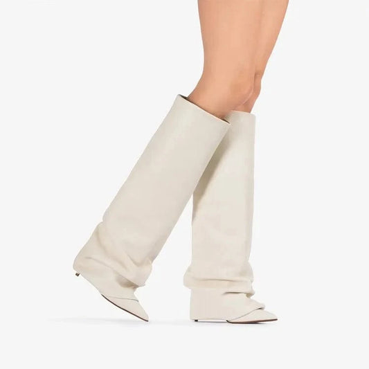 Manufacturer Custom Patent Leather Knee Length Designer Fall Wedge Black White Boots Heels Women Shoes 2023