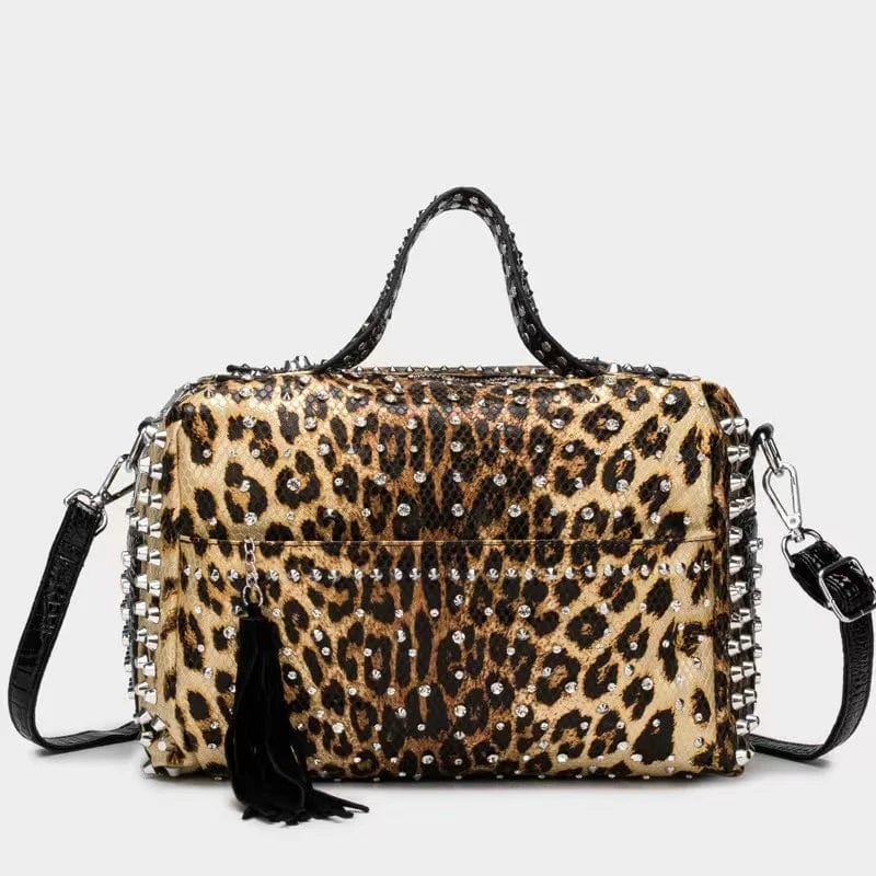 Manufacturer Supplier China cheap women tote rivet handbag leather Studded handbags leopard Rhinestone weekender shoulder bag