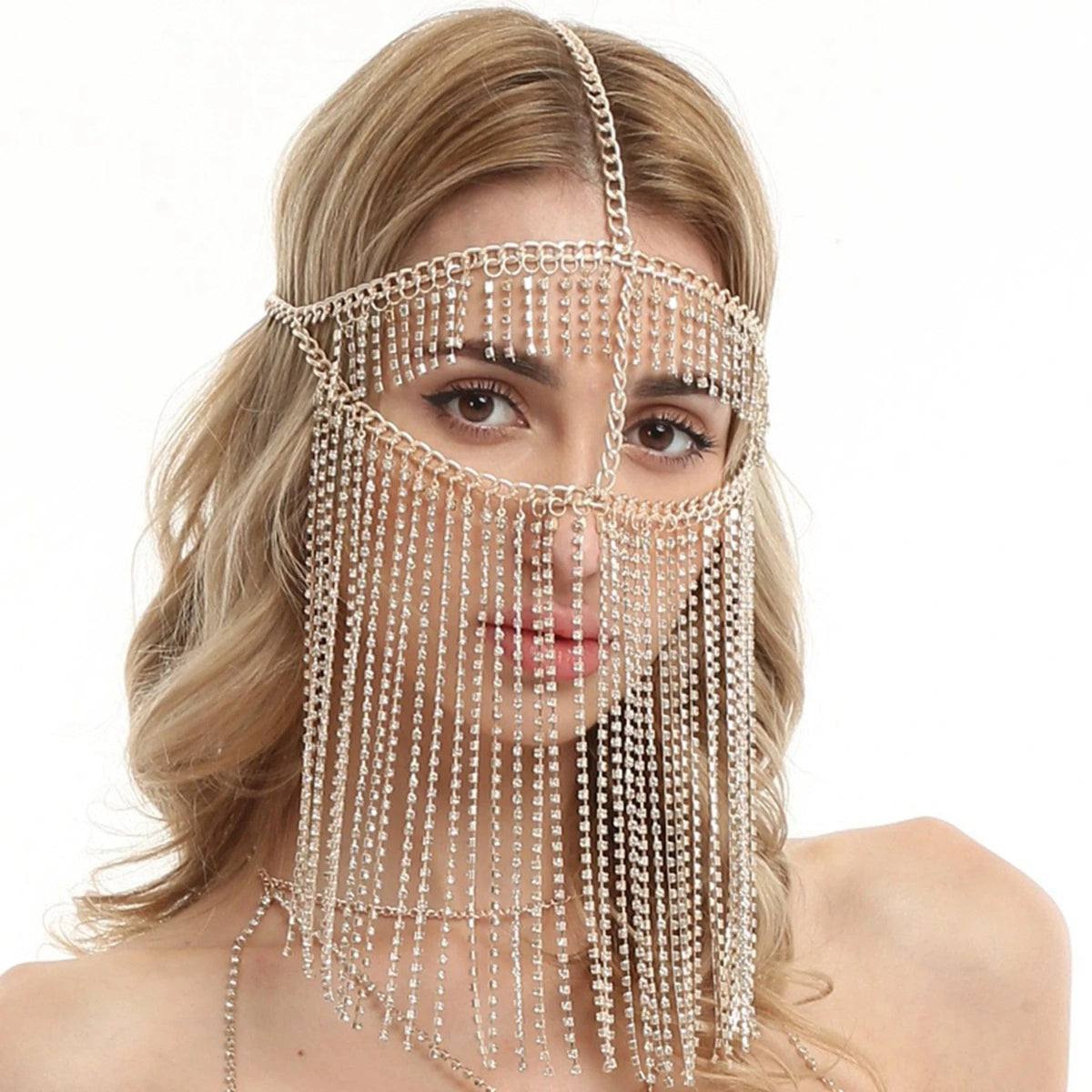 Masquerade Mask Headchain Rhinestone Facce Mask Party Alloy Jewelry Stage Costume Performance Costume Metal Face Chain Jewelry