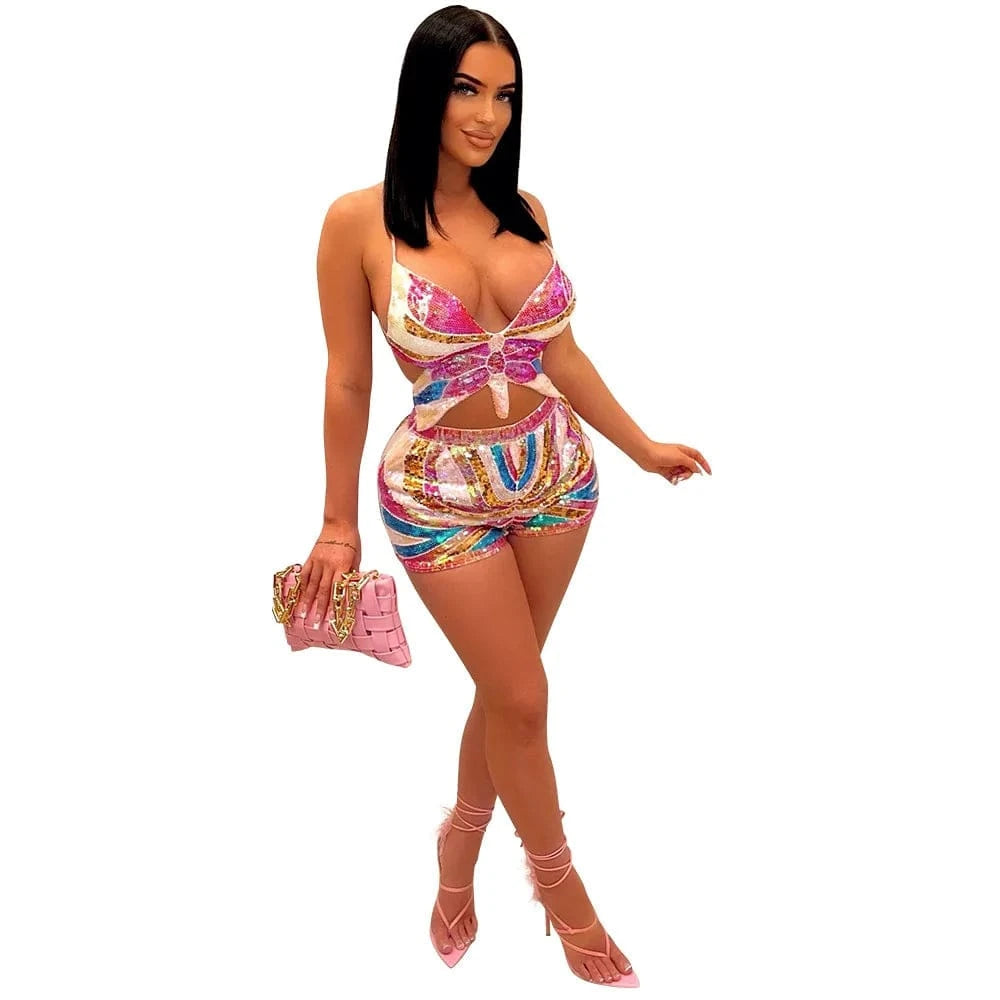 MD-202 Party Clothes Women Outfits Club Wear Summer Outfit 2 Piece Short Pants Set Mujer Crop Top Shining Sequined Casual Woven