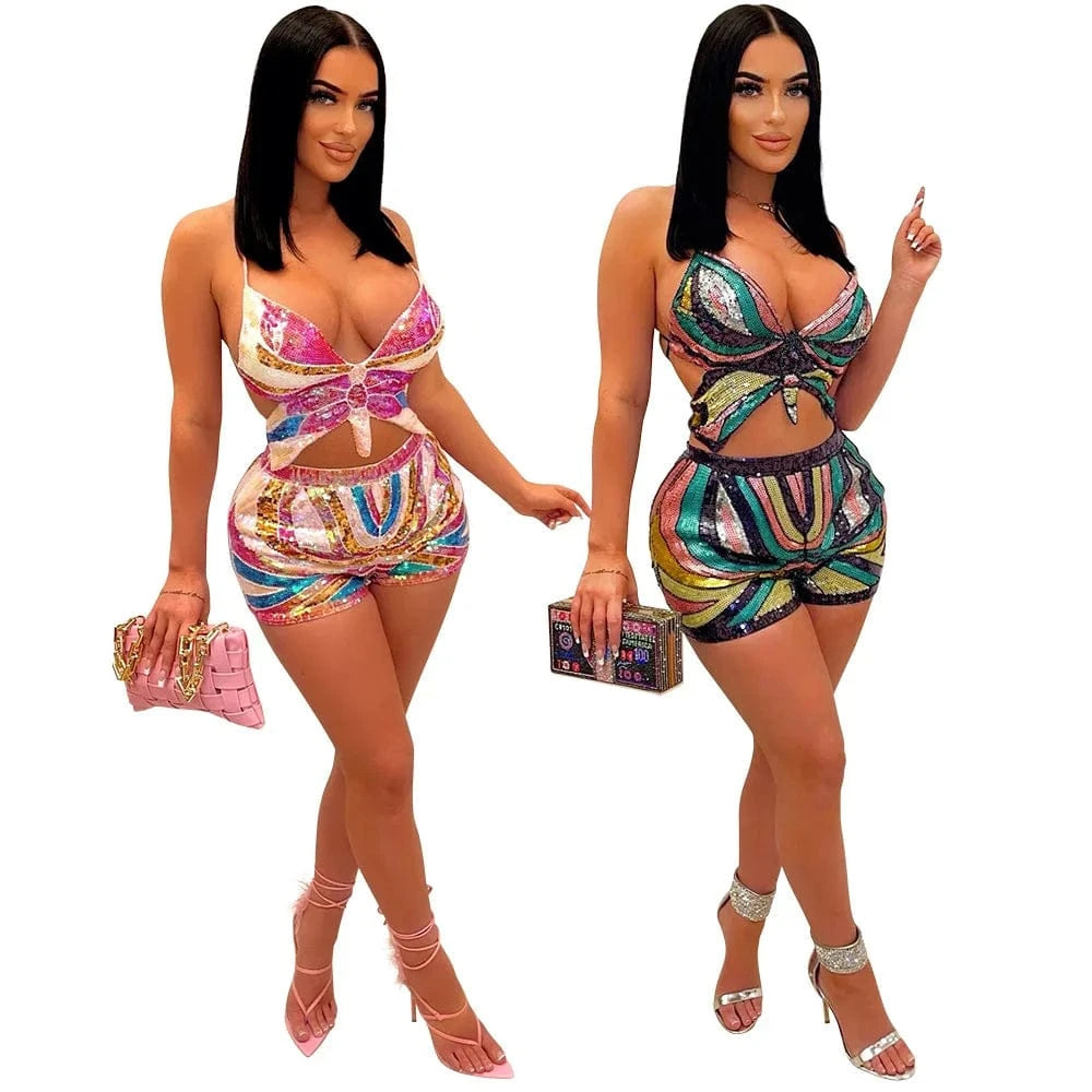 MD-202 Party Clothes Women Outfits Club Wear Summer Outfit 2 Piece Short Pants Set Mujer Crop Top Shining Sequined Casual Woven