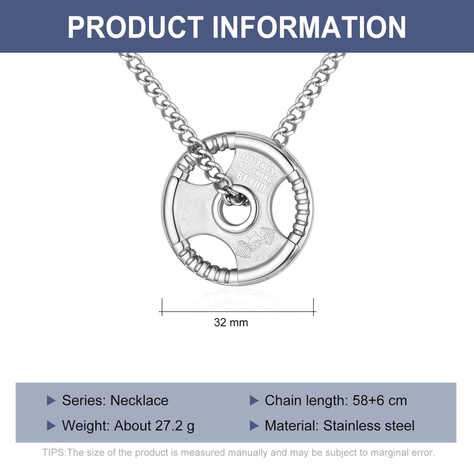 Men Necklace / 26inches / White Gold Plated Hip Hop Jewelry Gym Weightlifter Grip Plate Pendant Necklace Father Gift Stainless Steel Necklace