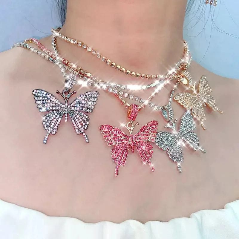 Men Women Fully Iced Out Lab 3D Diamond Butterfly Pendant Necklace With Tennis Chian Cheap Wholesale