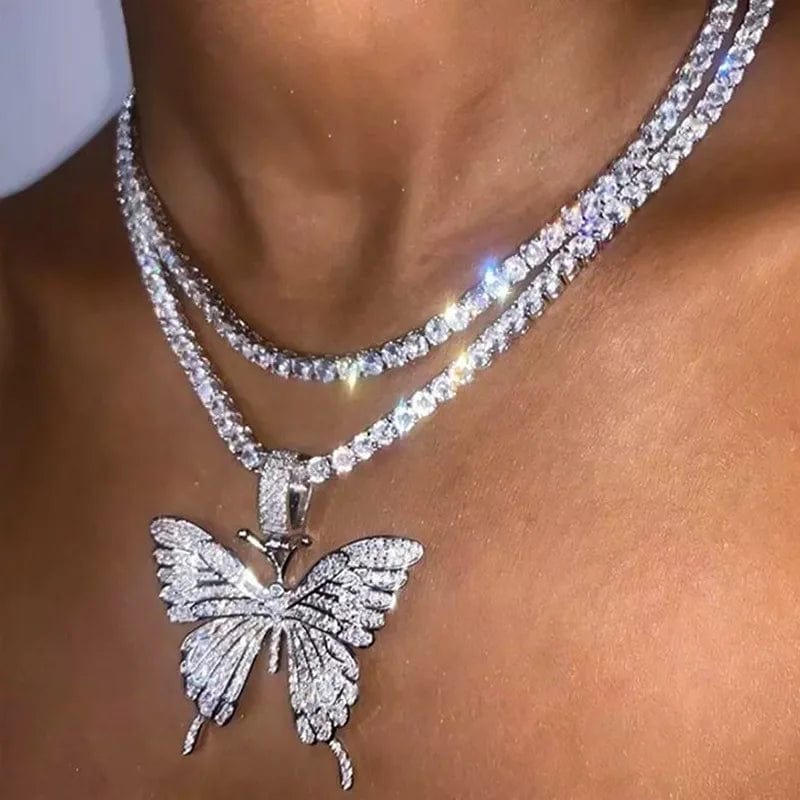 Men Women Fully Iced Out Lab 3D Diamond Butterfly Pendant Necklace With Tennis Chian Cheap Wholesale