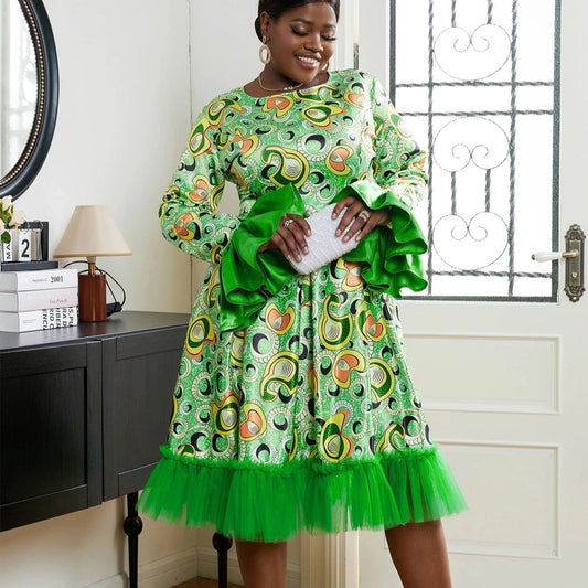 Mesh A Line Printed AOMEI Green Christmas Plus Size Women Party Dress