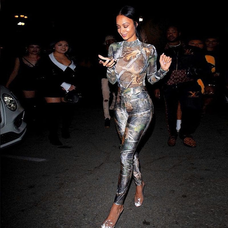 Mesh Aesthetic Print Sexy Long Sleeve Sets Women Bodysuit And Leggings Party Skinny One Piece Outfit Jumpsuit