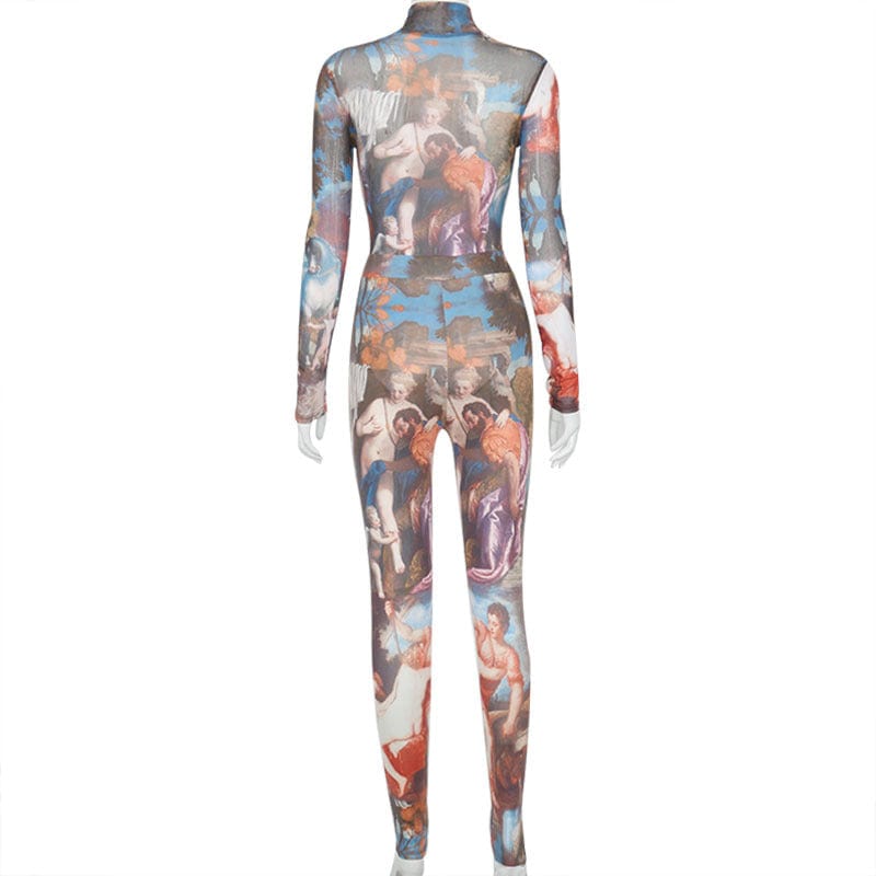 Mesh Aesthetic Print Sexy Long Sleeve Sets Women Bodysuit And Leggings Party Skinny One Piece Outfit Jumpsuit