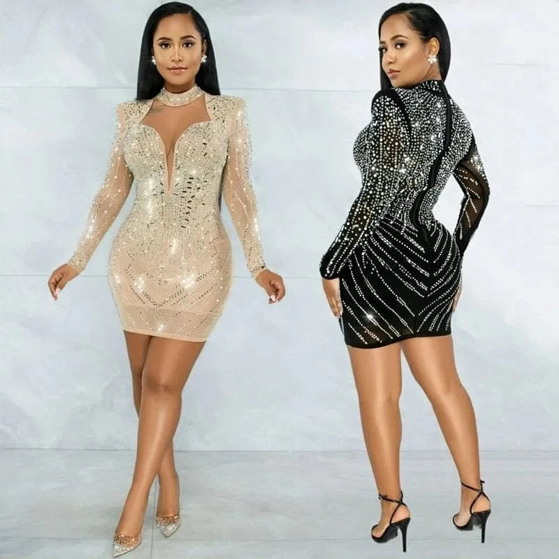 Mesh Hot Fix Rhinestone Women Dress Long Sleeve Skinny Mini Dress Sparking Sexy V-neck Party Pencil Dresses