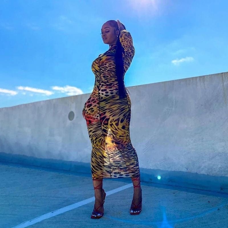 Mesh Leopard Pattern Print Maxi Dresses For Women Sexy See Through Ruffle Skinny Attractive Clubwear Party Clothing