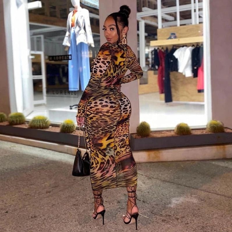 Mesh Leopard Pattern Print Maxi Dresses For Women Sexy See Through Ruffle Skinny Attractive Clubwear Party Clothing