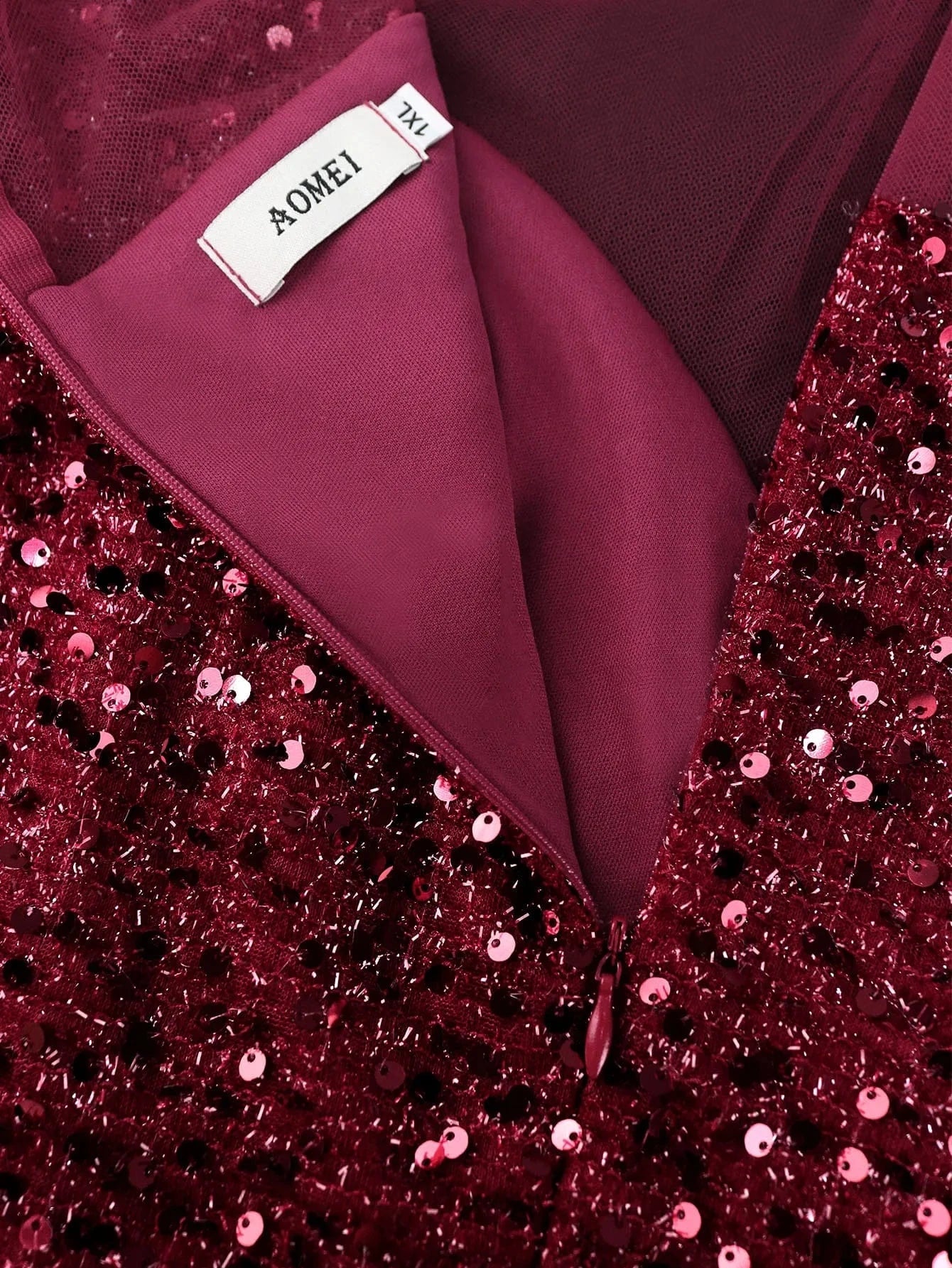 Mesh Patchwork Sexy Burgundy Sequin Dress Long Sleeve Lady Cocktail