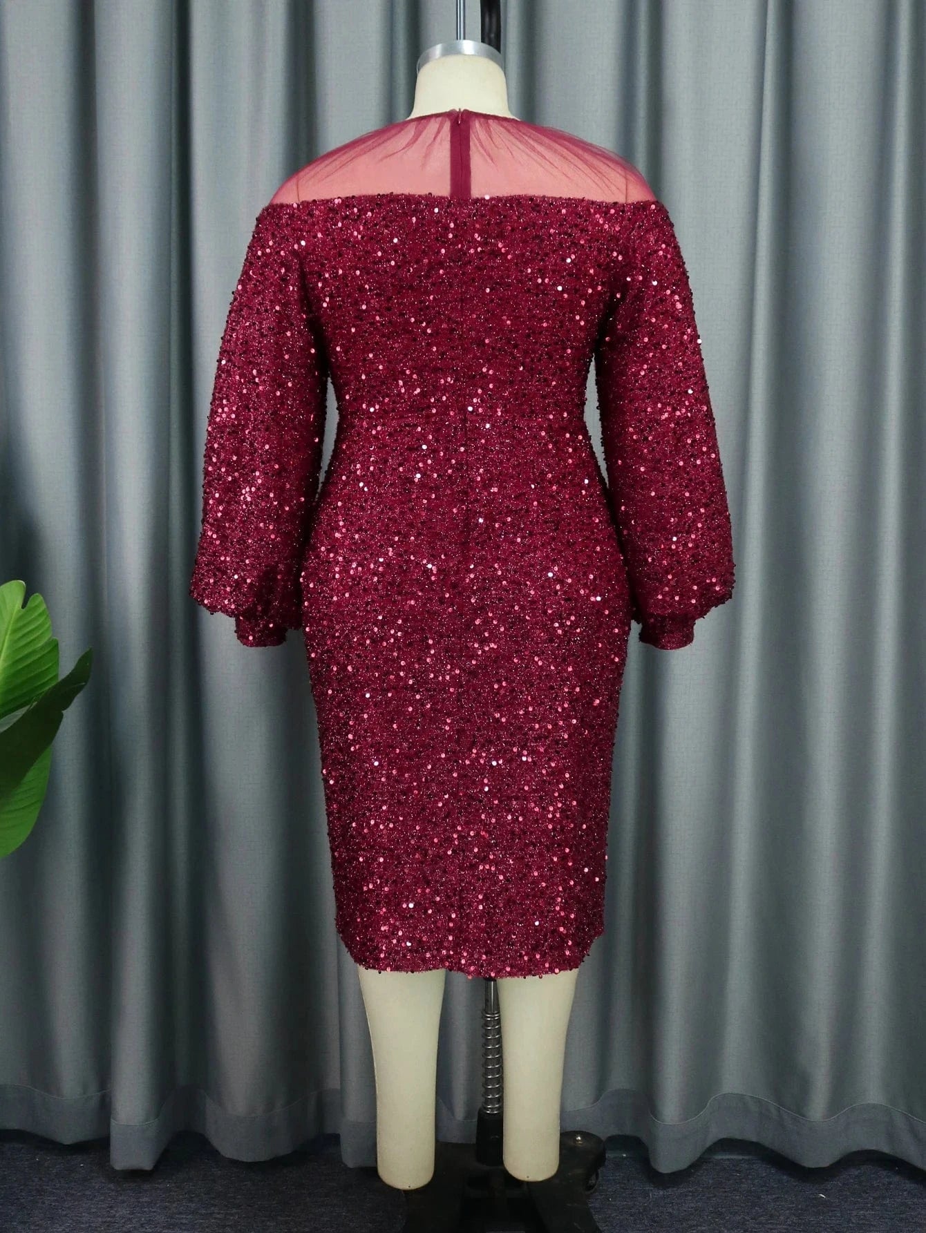 Mesh Patchwork Sexy Burgundy Sequin Dress Long Sleeve Lady Cocktail