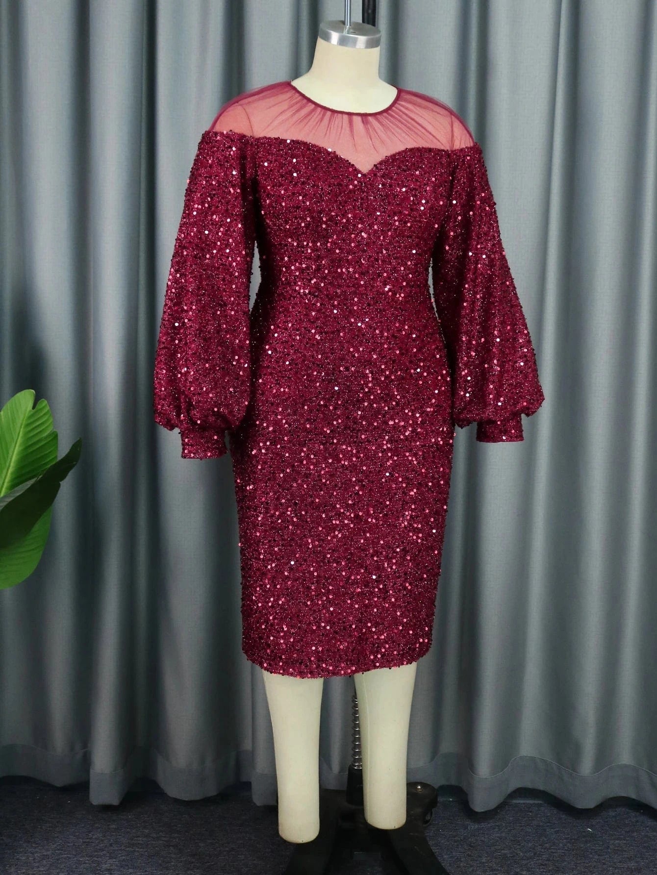 Mesh Patchwork Sexy Burgundy Sequin Dress Long Sleeve Lady Cocktail