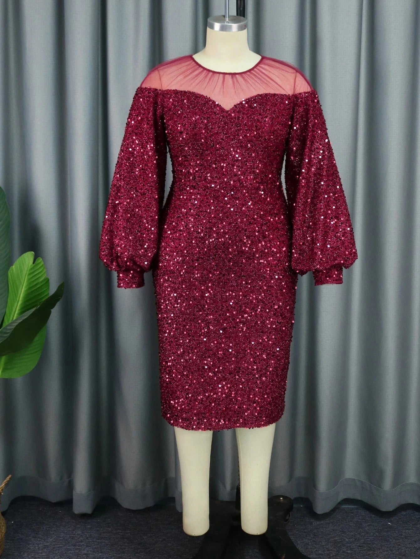 Mesh Patchwork Sexy Burgundy Sequin Dress Long Sleeve Lady Cocktail