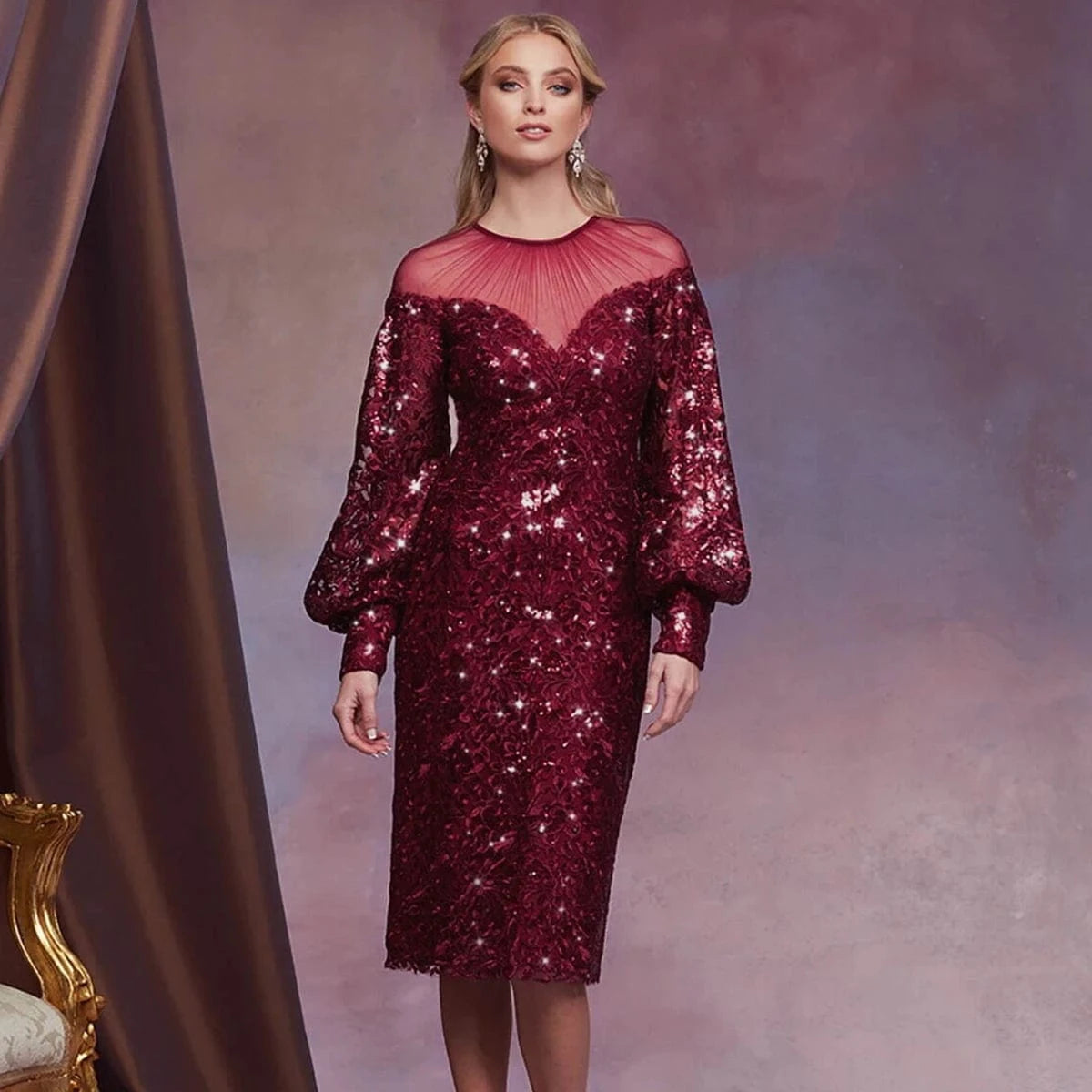 Mesh Patchwork Sexy Burgundy Sequin Dress Long Sleeve Lady Cocktail