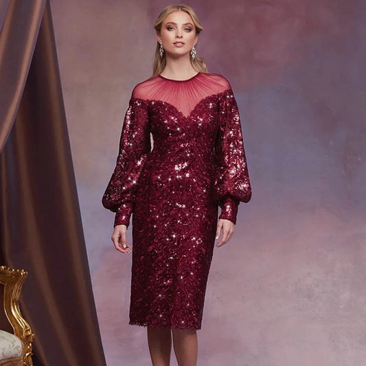 Mesh Patchwork Sexy Burgundy Sequin Dress Long Sleeve Lady Cocktail