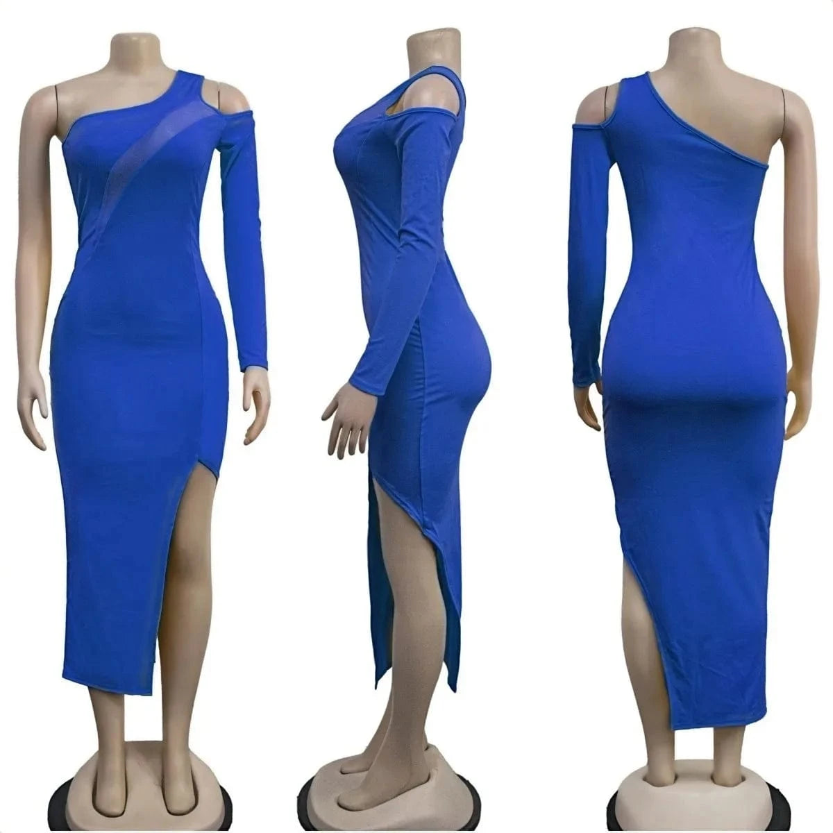 Mesh Patchwork Women Evening Dress One Shoulder Long Sleeve Skinny Maxi Dress