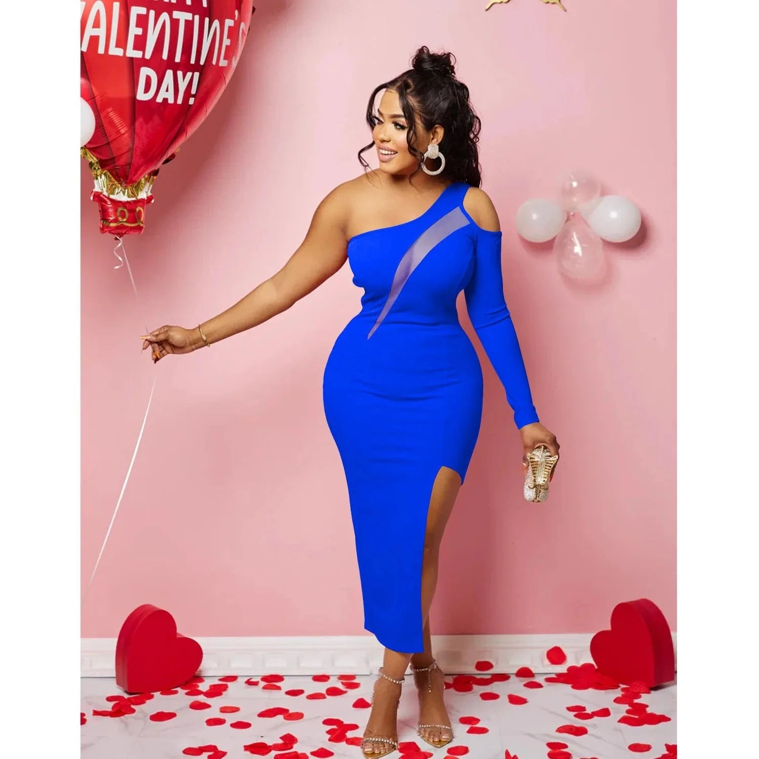 Mesh Patchwork Women Evening Dress One Shoulder Long Sleeve Skinny Maxi Dress