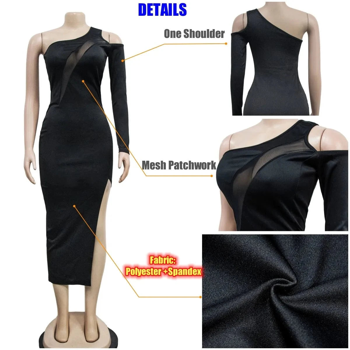 Mesh Patchwork Women Evening Dress One Shoulder Long Sleeve Skinny Maxi Dress