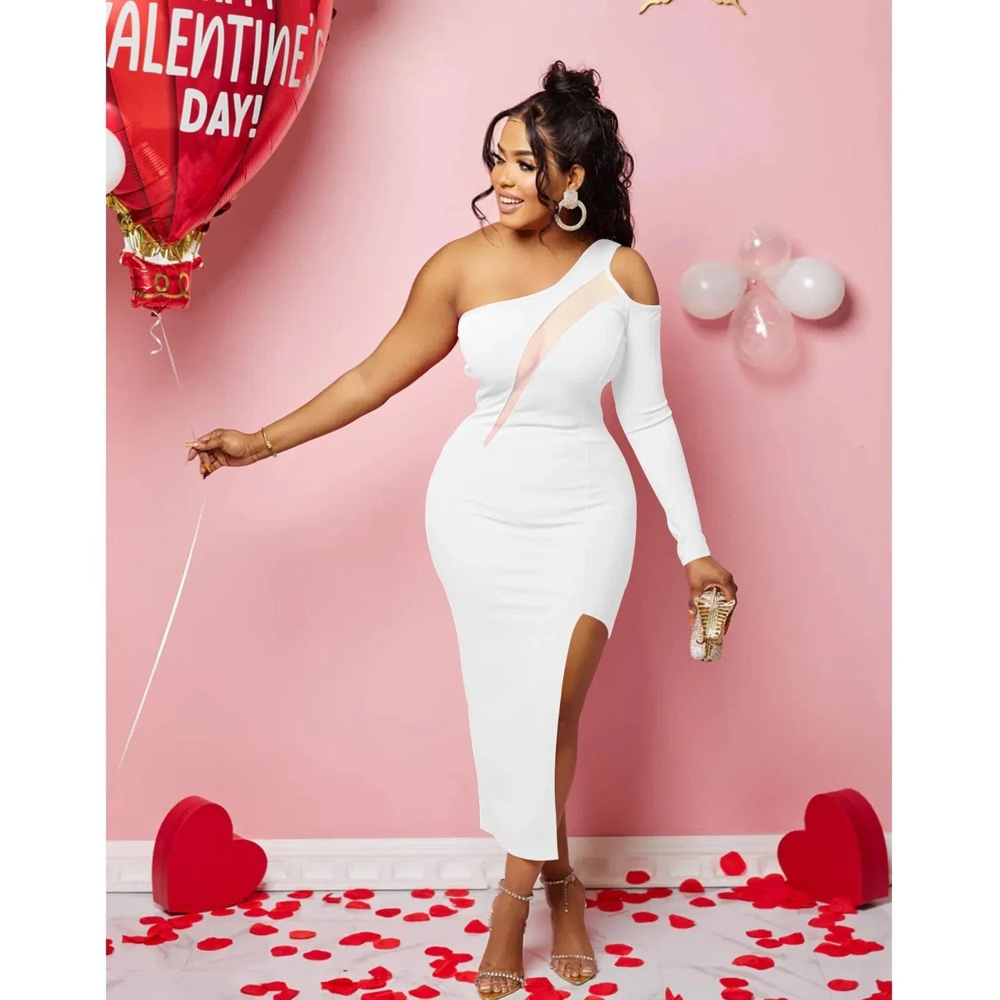 Mesh Patchwork Women Evening Dress One Shoulder Long Sleeve Skinny Maxi Dress