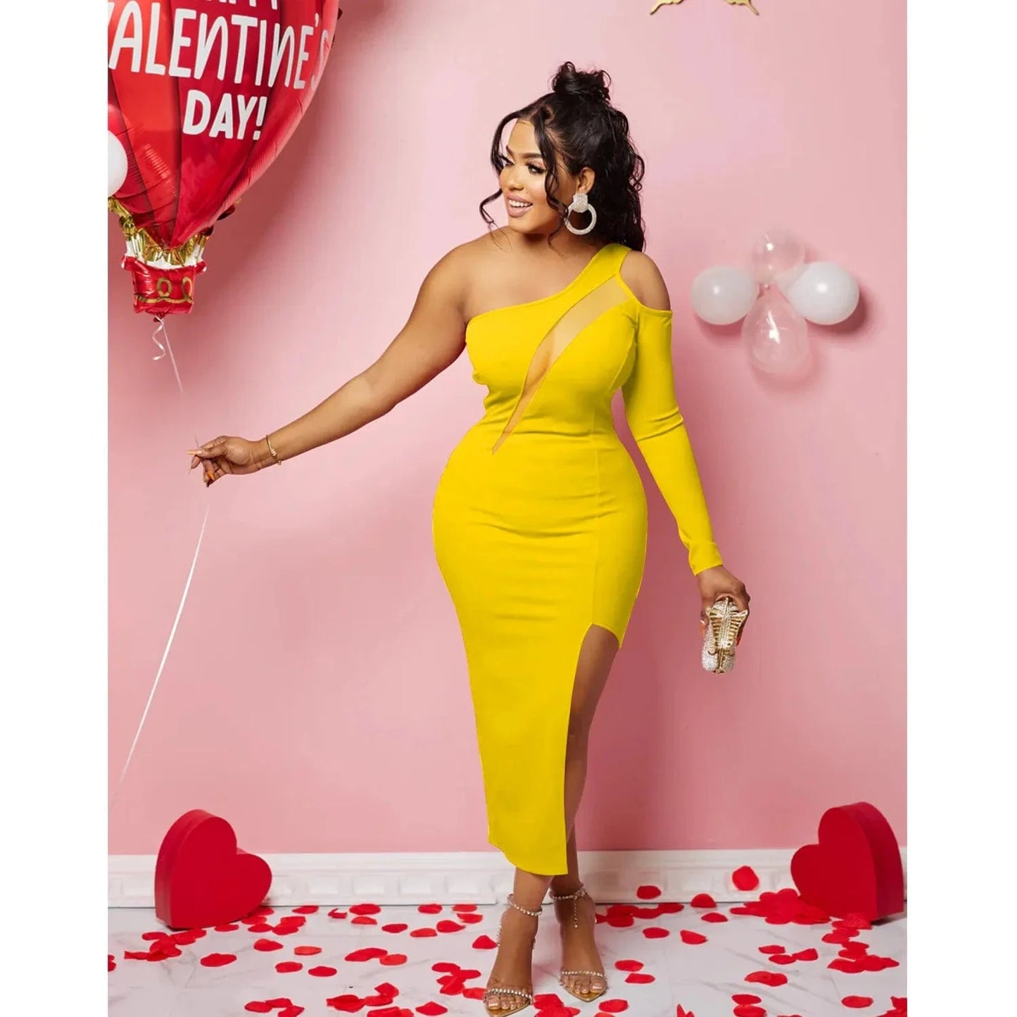 Mesh Patchwork Women Evening Dress One Shoulder Long Sleeve Skinny Maxi Dress