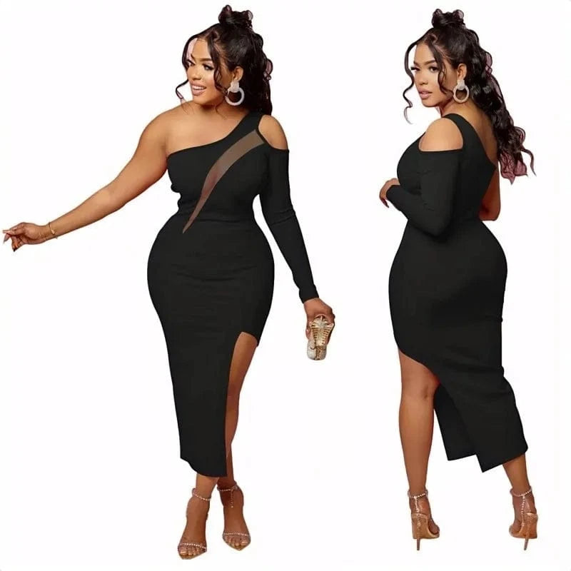 Mesh Patchwork Women Evening Dress One Shoulder Long Sleeve Skinny Maxi Dress