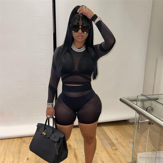Mesh Sexy Women Sets Two Piece See Through Striped Midnight Club Long Sleeve Top High Waist Shorts Outfits Tracksuit C13902