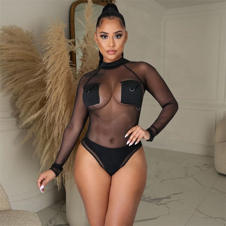 Mesh Spliced Bodysuit Women 2023 Sexy One Piece Overalls Fashion Y2K Clothes Clubwear