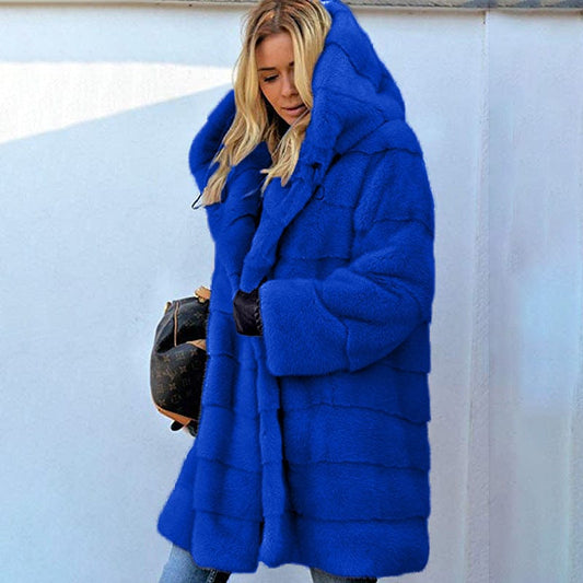 mid-length solid color loose plush hooded coat faux fur autumn and winter warm coat