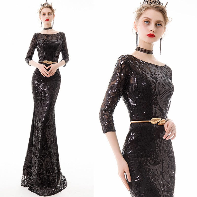 Mid Sleeve Gold Mermaid Sequin Women Evening Dress  o neck party formal Long night dresses drop shipping fulfill