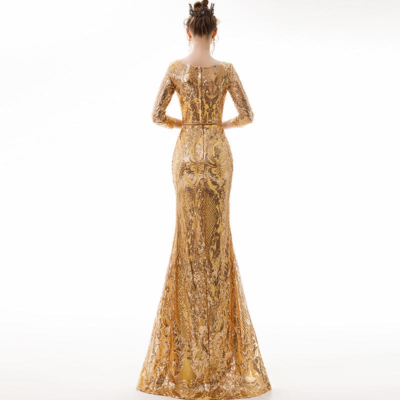 Mid Sleeve Gold Mermaid Sequin Women Evening Dress  o neck party formal Long night dresses drop shipping fulfill