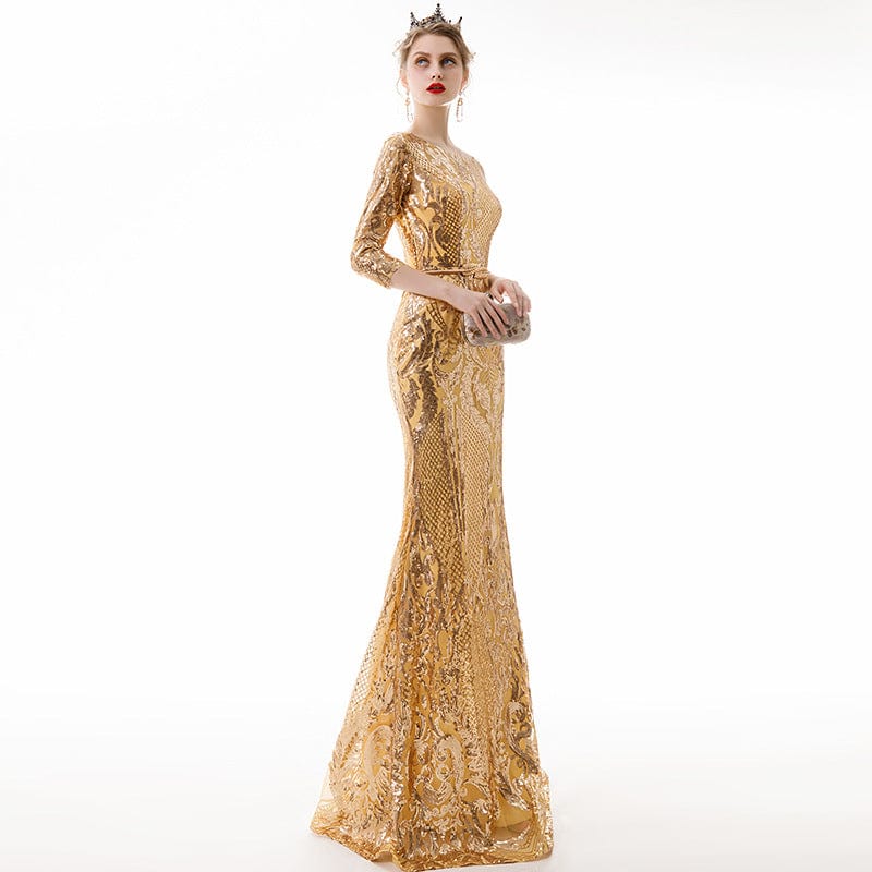 Mid Sleeve Gold Mermaid Sequin Women Evening Dress  o neck party formal Long night dresses drop shipping fulfill