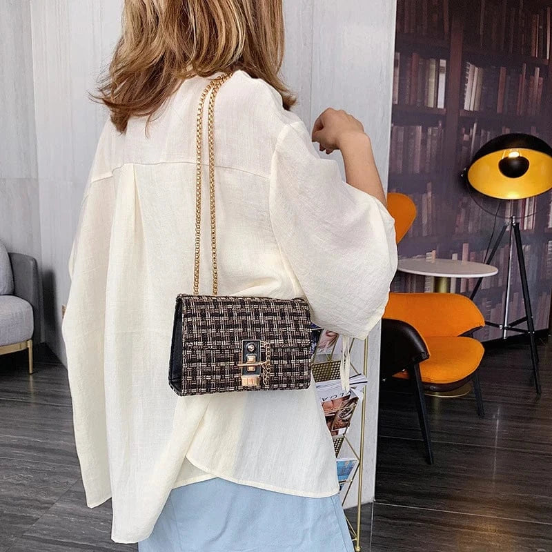 Mini Chains Weaving Crossbody Bag Women Winter Tweed Wool Handbag Designer Satchels Female Trendy Lock Shoulder Messenger Bags