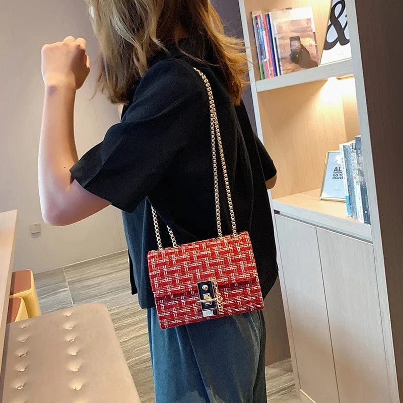Mini Chains Weaving Crossbody Bag Women Winter Tweed Wool Handbag Designer Satchels Female Trendy Lock Shoulder Messenger Bags