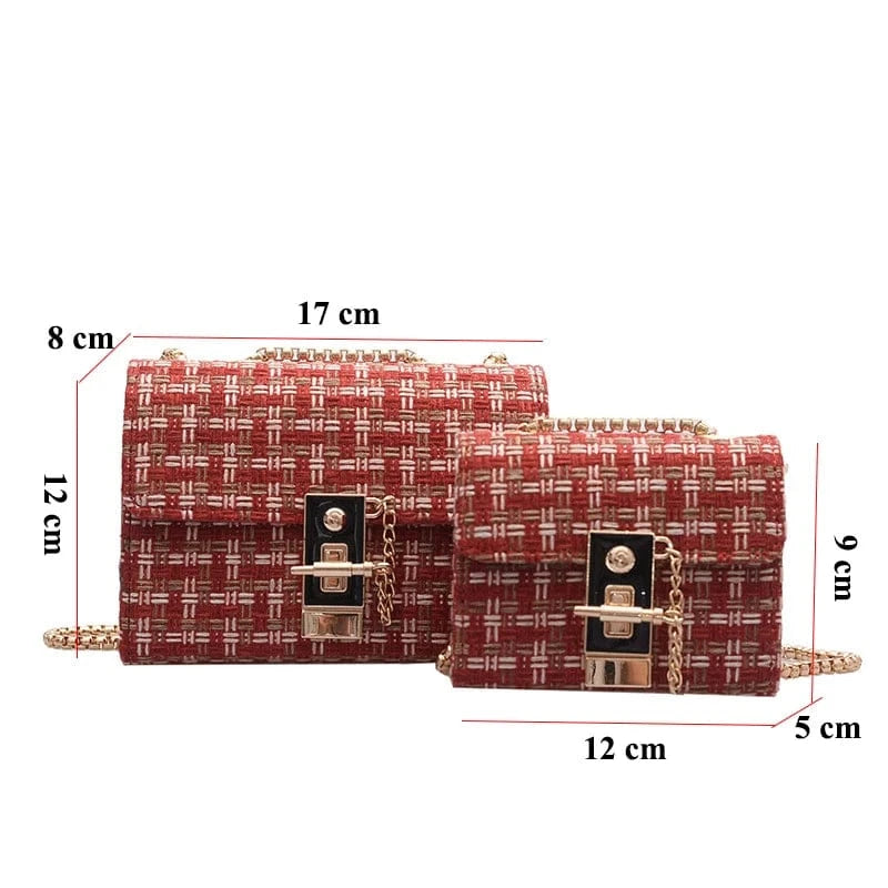 Mini Chains Weaving Crossbody Bag Women Winter Tweed Wool Handbag Designer Satchels Female Trendy Lock Shoulder Messenger Bags