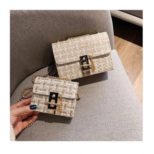 Mini Chains Weaving Crossbody Bag Women Winter Tweed Wool Handbag Designer Satchels Female Trendy Lock Shoulder Messenger Bags