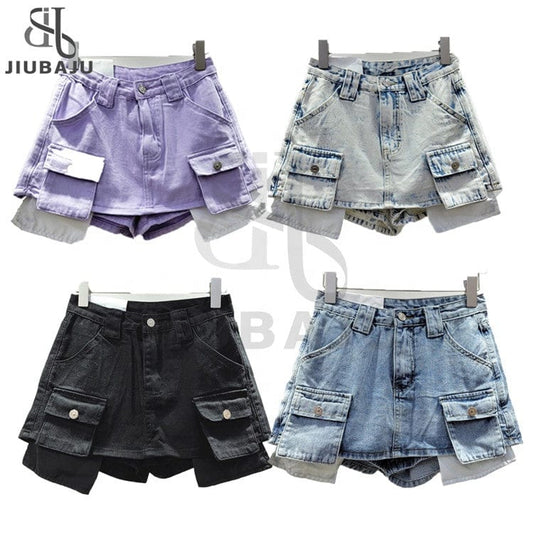 Mini Denim Cargo Skirts Women Fashion High Waist Straight A-Line Shorts Skirt 2023