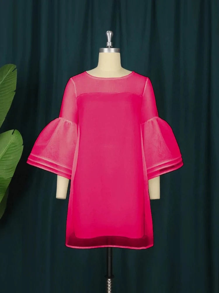 Mini See Through Mesh Flare Sleeves A Line Loose Women Cocktail Dresses