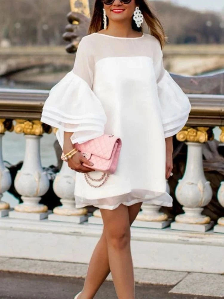 Mini See Through Mesh Flare Sleeves A Line Loose Women Cocktail Dresses