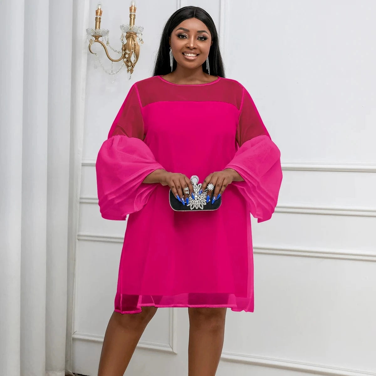 Mini See Through Mesh Flare Sleeves A Line Loose Women Cocktail Dresses