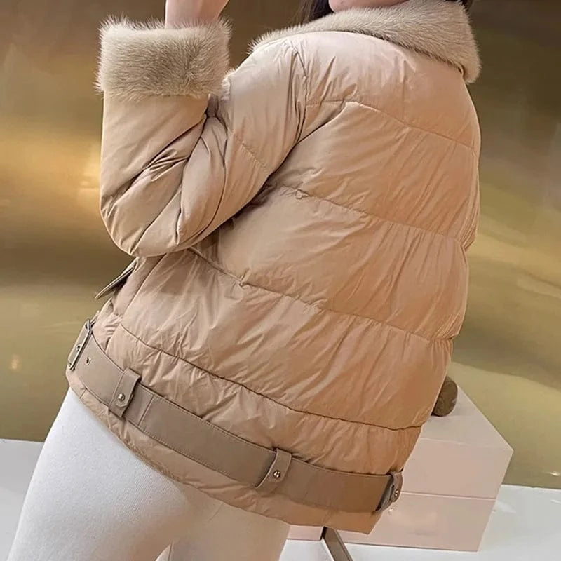 Mink Fur Collar Fur Coat Short Young Warm Coat White Goose Down Jacket Female Winter