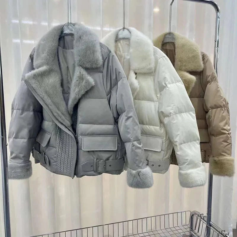 Mink Fur Collar Fur Coat Short Young Warm Coat White Goose Down Jacket Female Winter