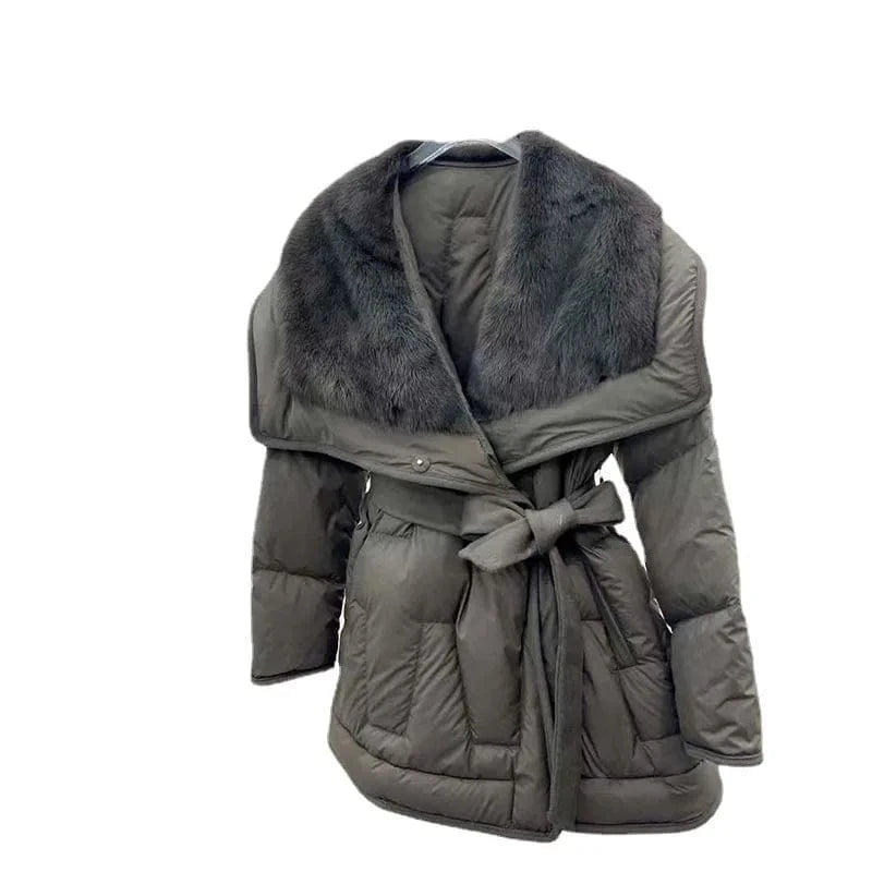 Mink Fur Collar Goose Down Jacket Mid-Length Coat Women's Winter New Waist-Tight Leather Fur Coat