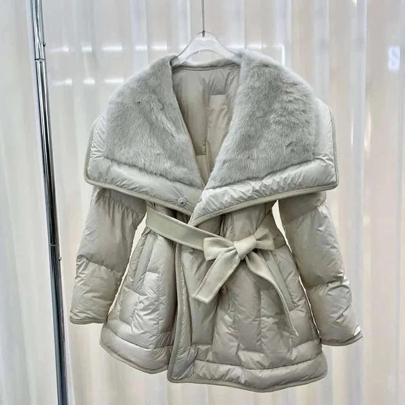 Mink Fur Collar Goose Down Jacket Mid-Length Coat Women's Winter New Waist-Tight Leather Fur Coat